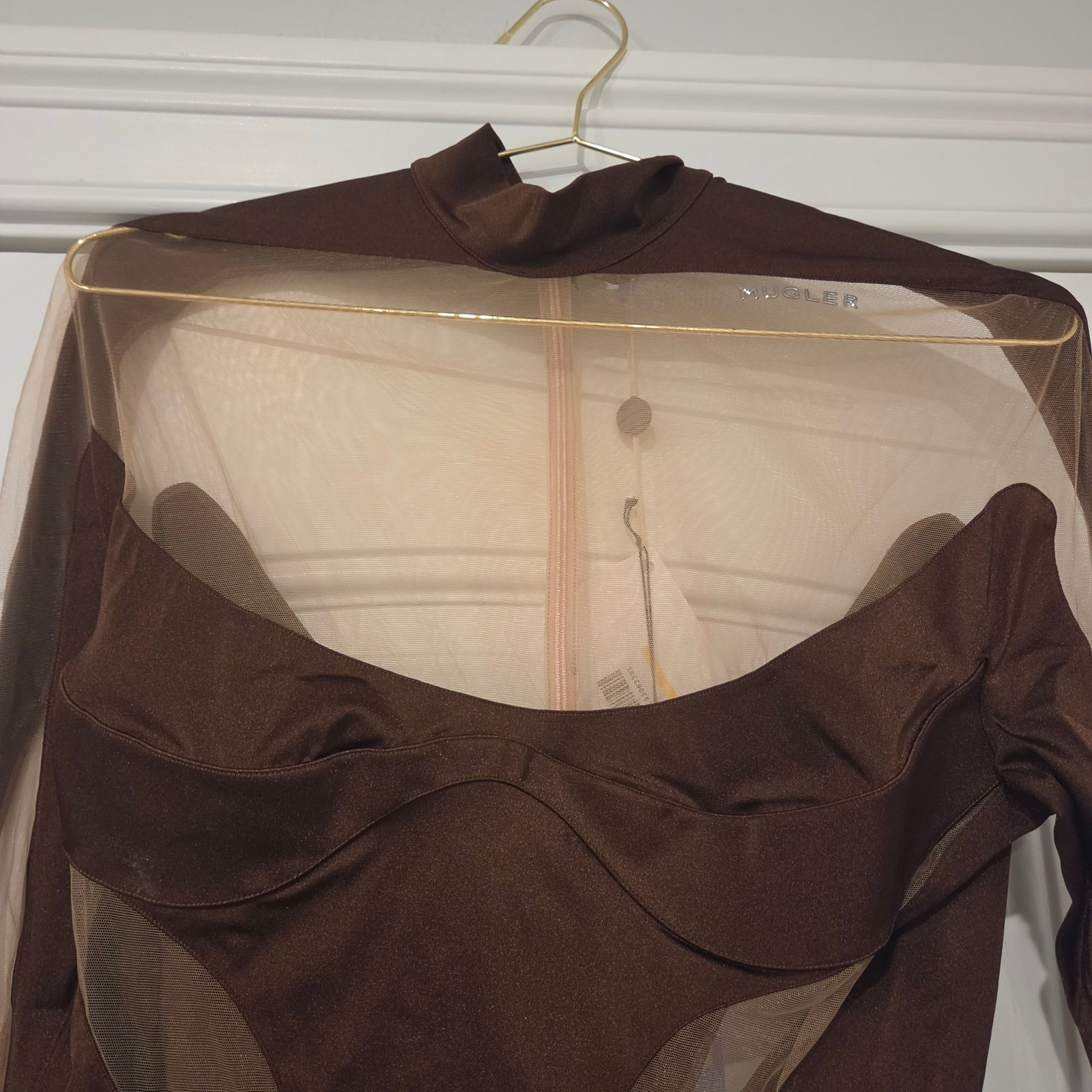 Mugler Brown Illusion Neckline Mesh Cutout Bodysuit Size 12 — image 5 of 8